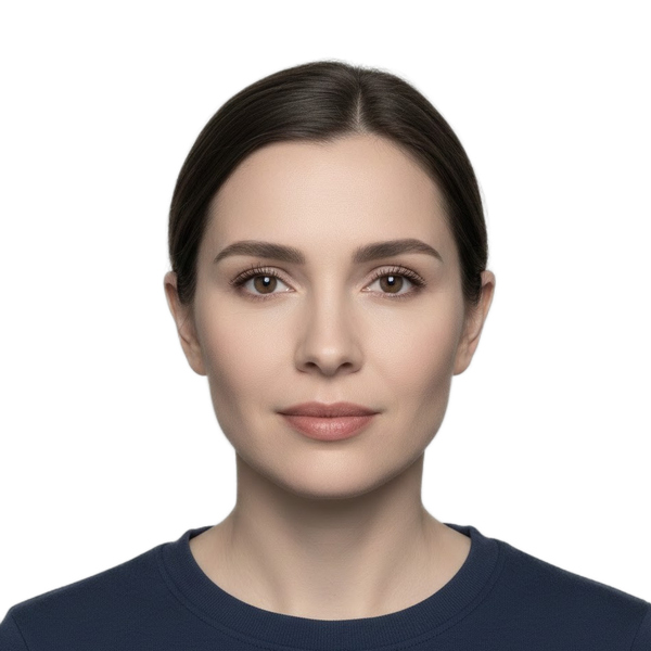 Professional Passport Photo Makeup Example A woman demonstrating acceptable natural makeup for a passport photo with a neutral expression and clear facial features.